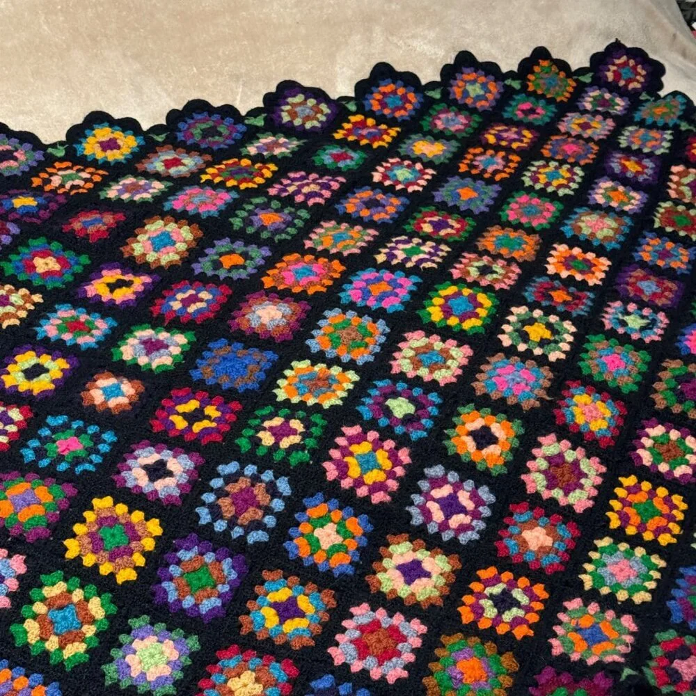 Vintage Hand Crocheted Granny Squares Quilt 63” x 50” black trim colorful vibran